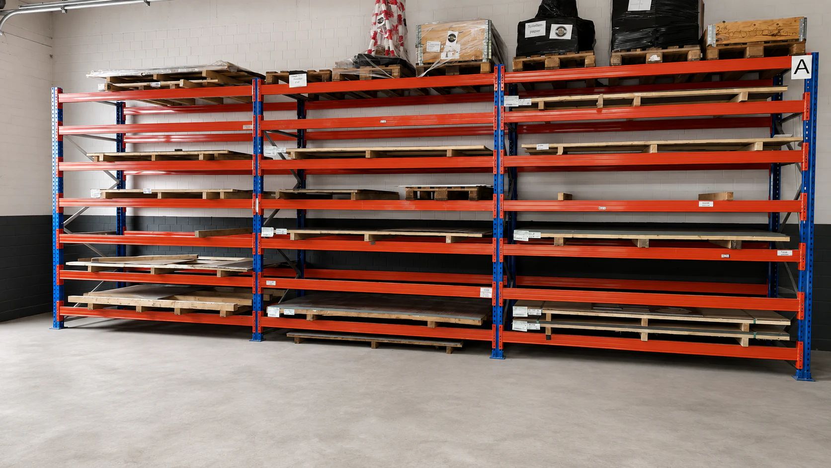 Magazzino del reparto taglio laser con lamiere su scaffalature portapallet