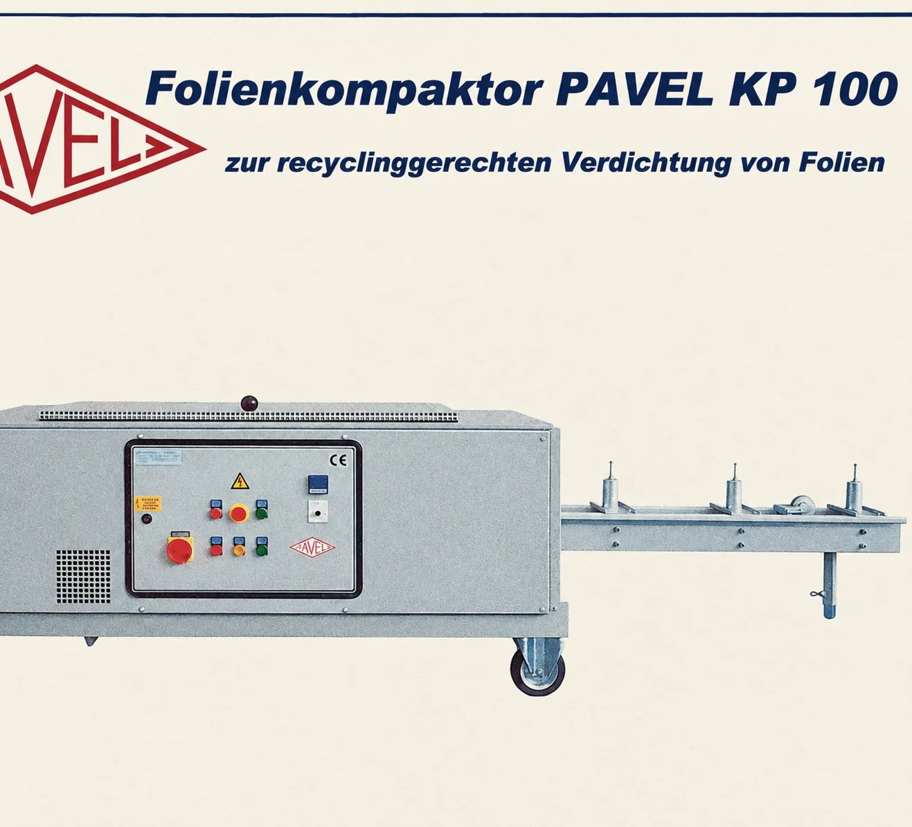 Historische Prospektdarstellung des fahrbaren Folienkompaktors PAVEL KP 100.