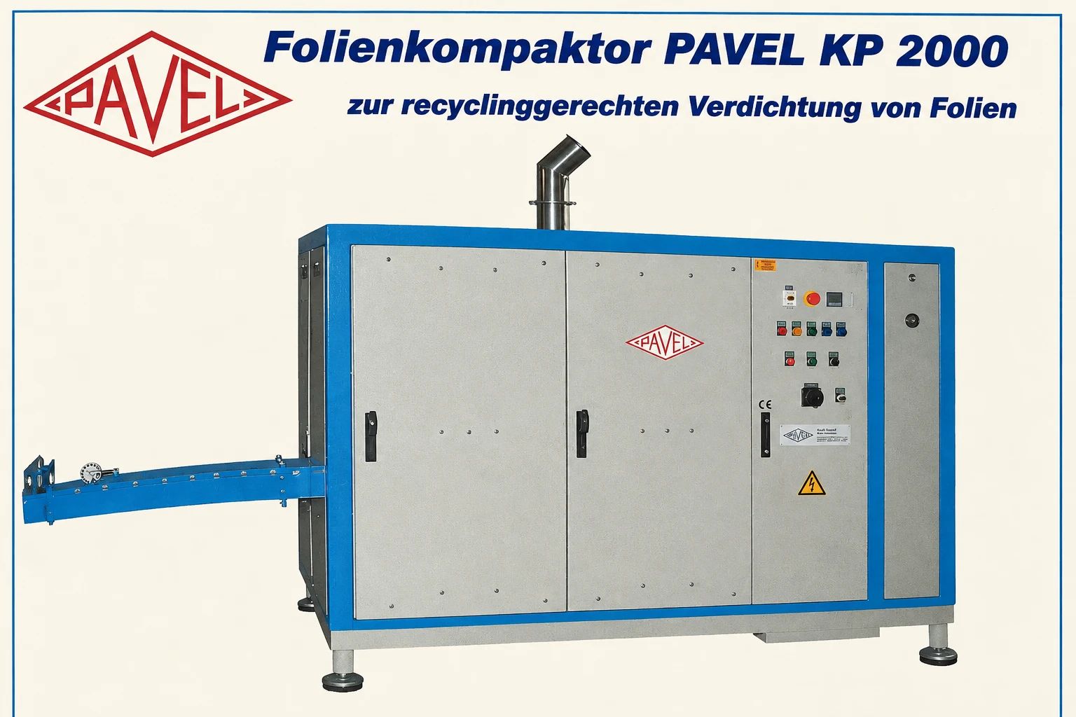 Historische Prospektdarstellung des blauen und grauen Folienkompaktors PAVEL KP 2000.