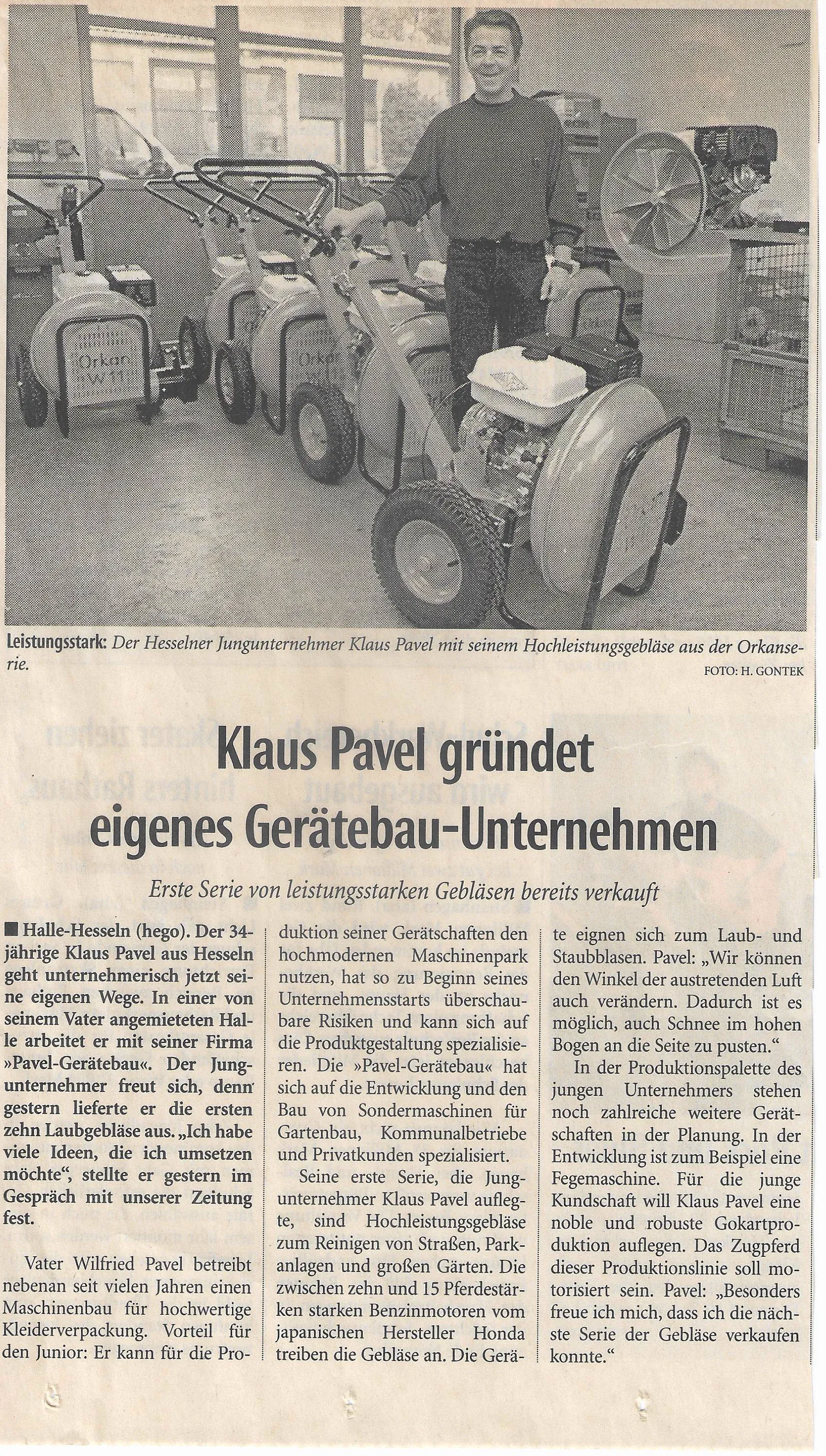 Klaus Pavel gründet eigenen Gerätebau · Zeitungsausschnitt, ca. 2001